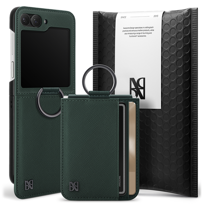 어썸디자인 오블리크 힌지 보호 수제 가죽 카드 지갑 휴대폰 케이스  링 세트