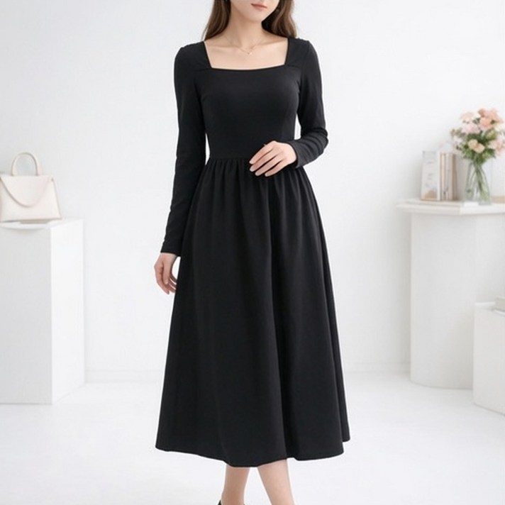 알로데 여성용 프렌치 스퀘어넥 여리핏 롱원피스