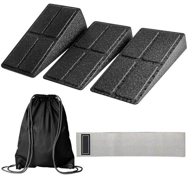 DNC 에센셜 스쿼트 웨지 3종 세트  튼튼한 웨지와 캐리백 및 밴드 다목적 블록 3팩 발뒤꿈치 높이 스쿼트를 위한 종아리 올리기 운동용 슬랜트 보드, 요가 블랙