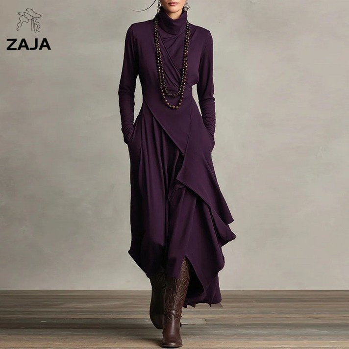 ZAJA 여성 목폴라 원피스 솔리드 긴팔 터틀넥 롱원피스