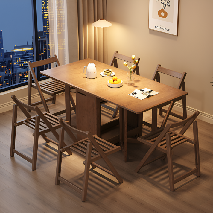 폴라오 확장형 접이식 식탁세트 수납 거실 테이블, 6개, 월넛 170cm