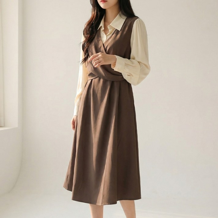 빅사이즈 여성 봄가을 레이어드 롱원피스 D1039 까데트