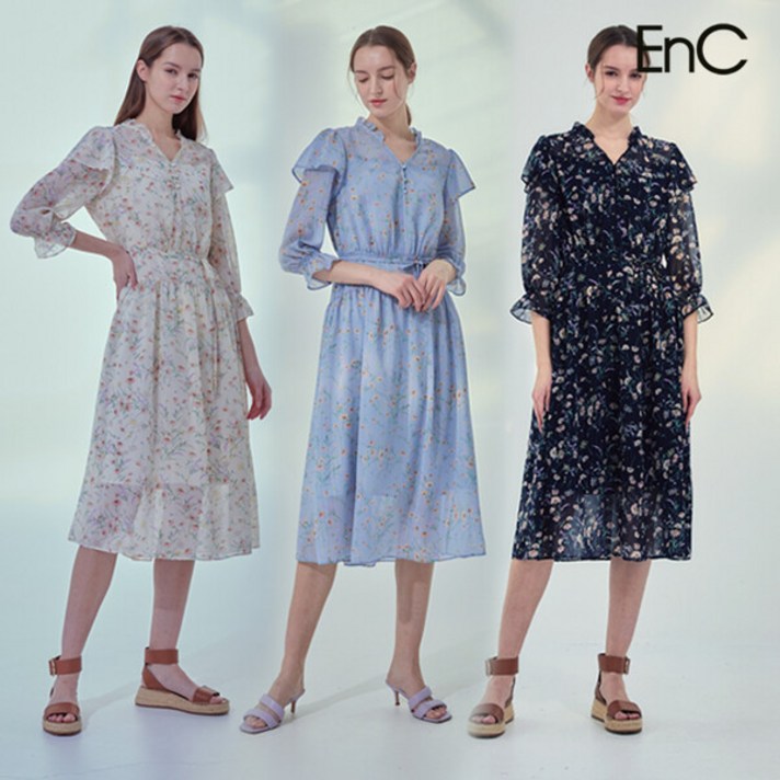 런칭가 109000원 EnC 이앤씨 플라워 패턴 쉬폰 원피스 1종
