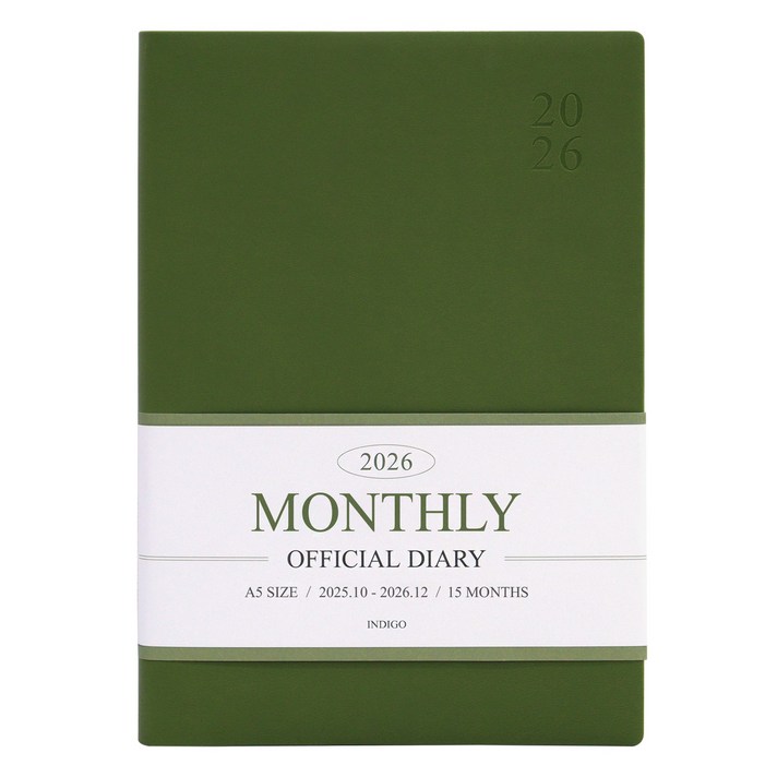 인디고 2026 오피셜 A5 먼슬리 다이어리 날짜형 25절 월간 플래너 직장인 업무용 스케줄러, 그린무스