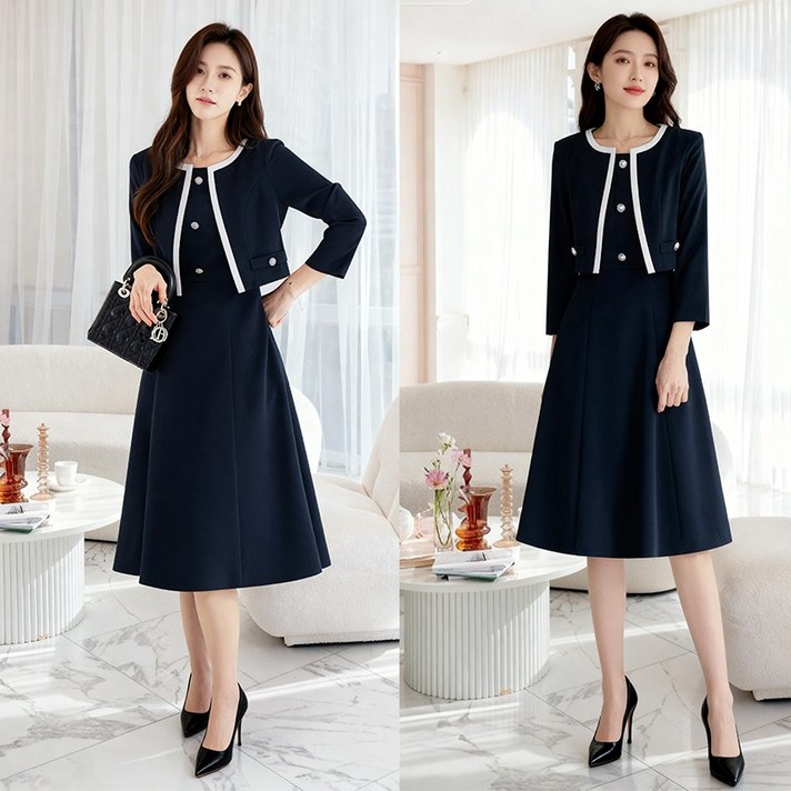 비비디아 여성 레이어드 배색 자켓형 플레어 원피스 하객룩 오피스룩 5588