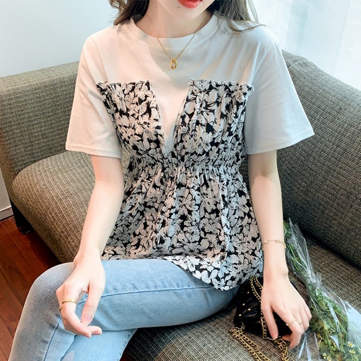 Ogfaour 반팔 티셔츠 여성 잔꽃 시폰 상의 O30629