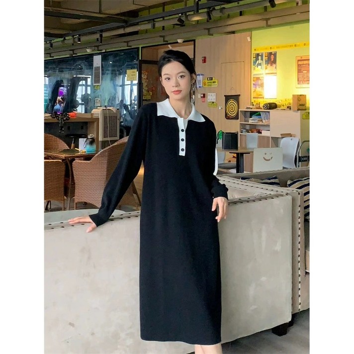 탄탄강추 카라 배색 니트 롱 원피스