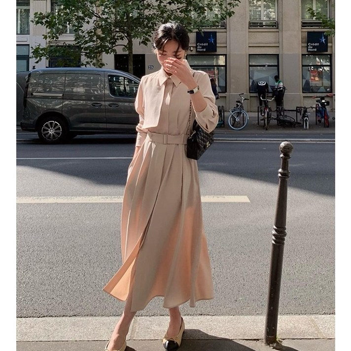 레이디 매직lady magic 여성 정장핏 트렌치형 긴팔 셔츠 롱 원피스