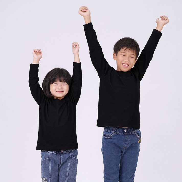 11 면 100 20수 국내생산 베이직 라운드 긴팔 쭉티 아동 검정 티셔츠