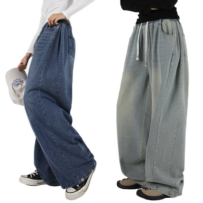 오버나인 여자 여성 벌룬 데님 밴딩 옆핀턱 스넵버튼 와이드 청바지 팬츠
