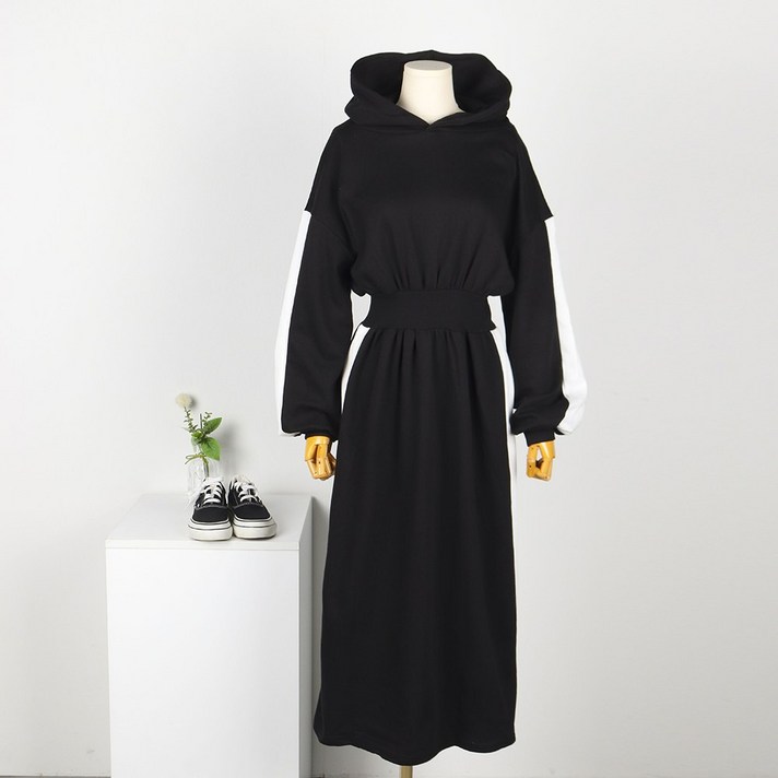 퍼니걸스 7280 후드 배색 라인 허리 밴딩 A라인 플레어 긴팔 롱 원피스 여성의류