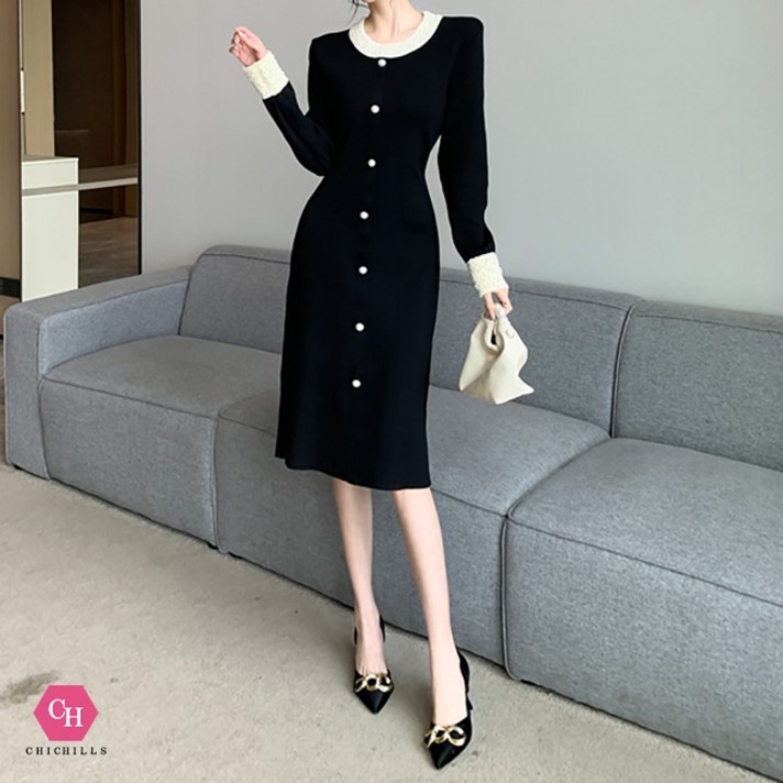 시크힐즈 라운드넥 배색 라인 진주 포인트 원피스 01365