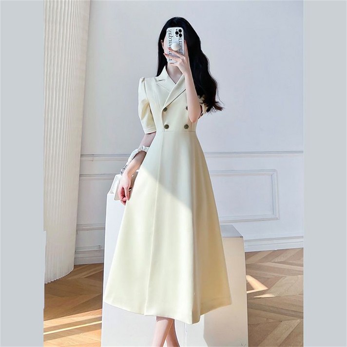 Vezri 여성용 여름 양복 원피스 퓨어컬러 쌍버튼 디자인 단아한 롱스커트 JHW