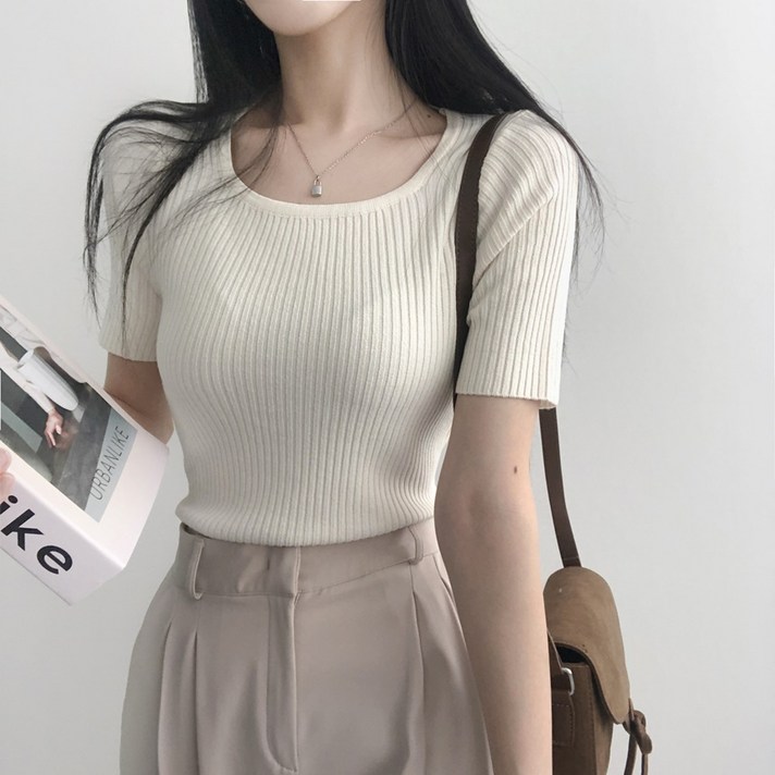 리리의감각 11할인 여성 스퀘어넥 골지 이너 반팔 니트티셔츠