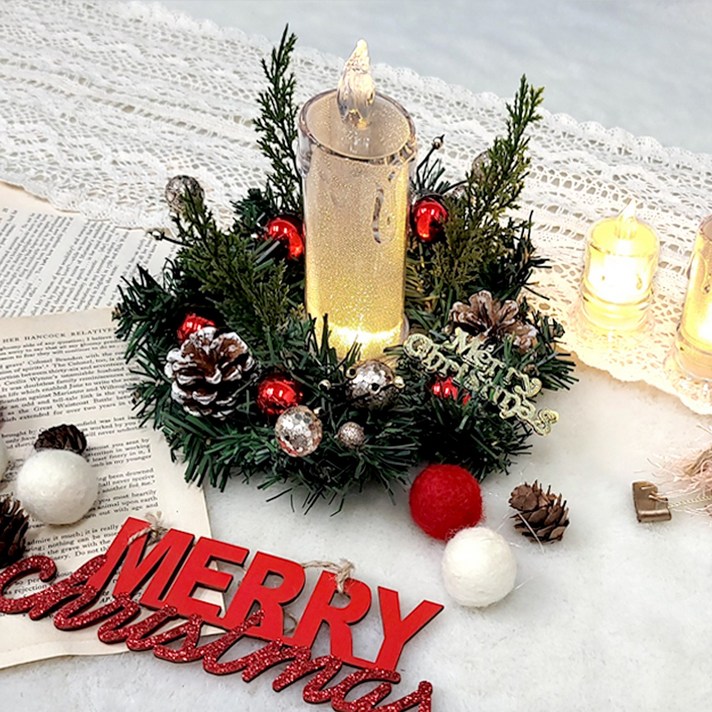 크리스탈 LED 캔들 레드 솔방울리스 세트 중형 크리스마스 장식 홈파티 인테리어 소품, 단품