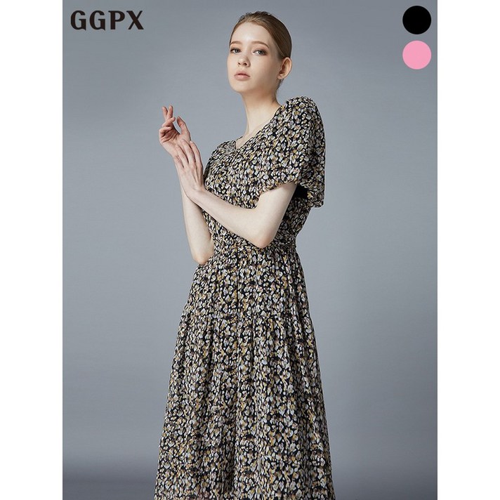 GGPX 쉬폰 벨티드 플로럴 퍼프 롱 원피스 GNB5OP223F GGPX 쉬폰 벨티드 플로럴 퍼프 롱 원피스 GNB5OP223F