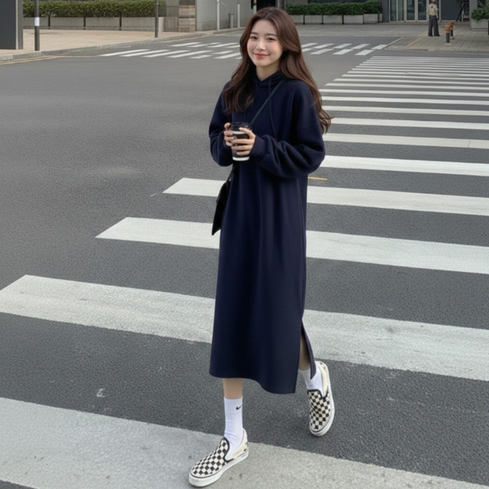 리파니 루즈핏 맨투맨 옆트임 기모 후드 롱 원피스