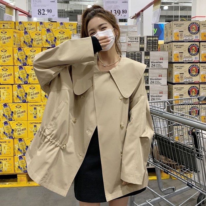 여성 빅카라 트렌치코트 봄 가을 여성용 와이드핏 귀여운 스타일 트렌치코트 CBB