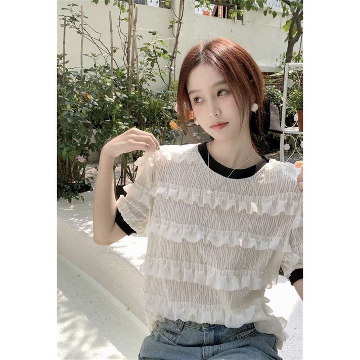 MOSAIRATION여성 봄 여름 짧은 소매 쉬폰 블라우스 플리츠 디자인 레이어드 러플 장식 라운드 넥  W16