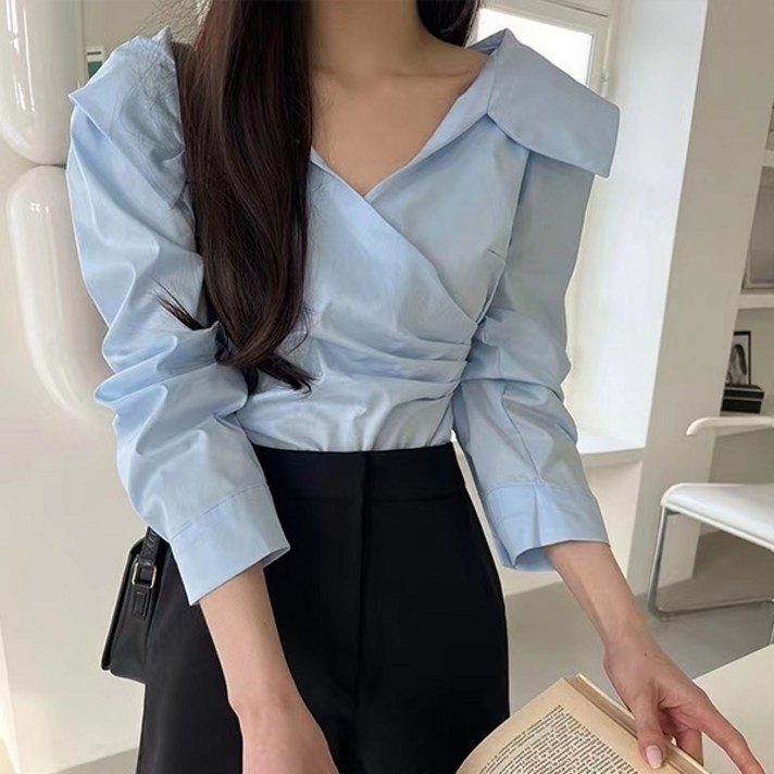 라라홀리 세미 오프숄더 청순 카라넥 허리 셔링 긴팔 셔츠