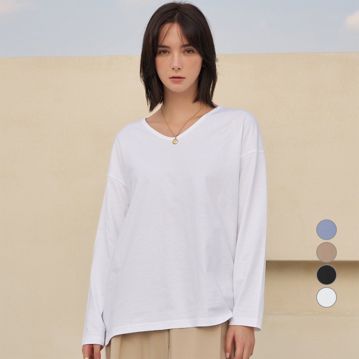 ELLE PARIS 여성용 루즈핏 브이넥 긴팔 티셔츠
