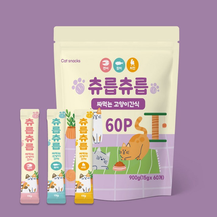 츄릅츄릅 짜먹는 츄르 고양이간식 60스틱 혼합팩 헤어볼케어, 연어치킨참치, 15g, 60개 츄릅츄릅 짜먹는 츄르 고양이간식 60스틱 혼합팩 헤어볼케어, 연어치킨참치, 15g, 60개