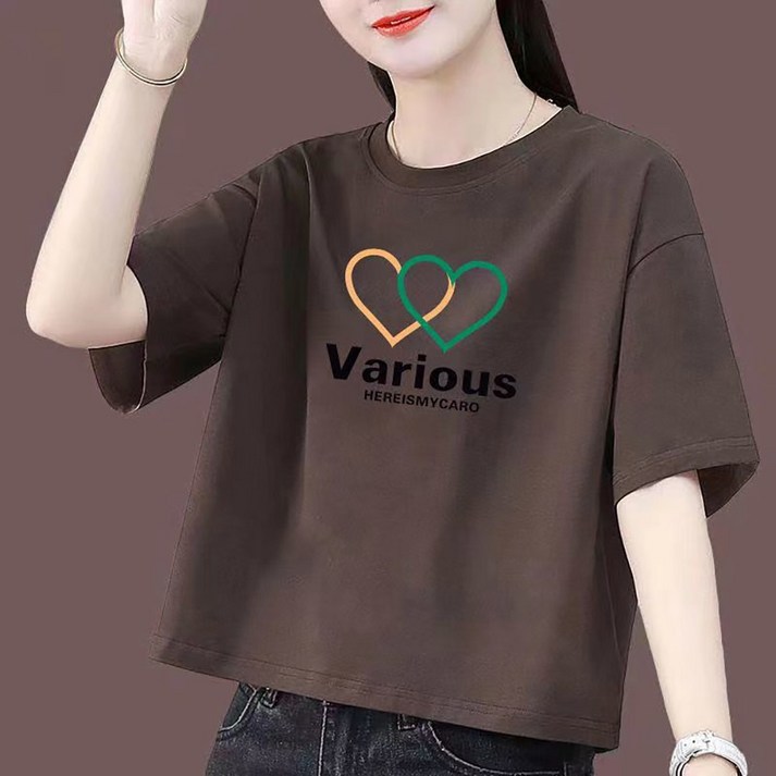 MOSAIRATION 여성 반팔 티셔츠 라운드넥 하트 프린트 디자인 캐주얼 트렌디 데일리 짧은 상의 I021909