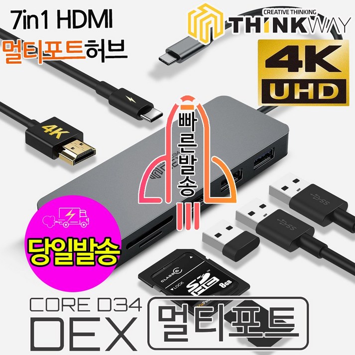 웨이코스 당일발송 씽크웨이 Thinkway Core D34 Dex 덱스 7in1 멀티포트 노트북충전 PD 닌텐도스위치 무전원 5포트 HUB 케이블 USB허브