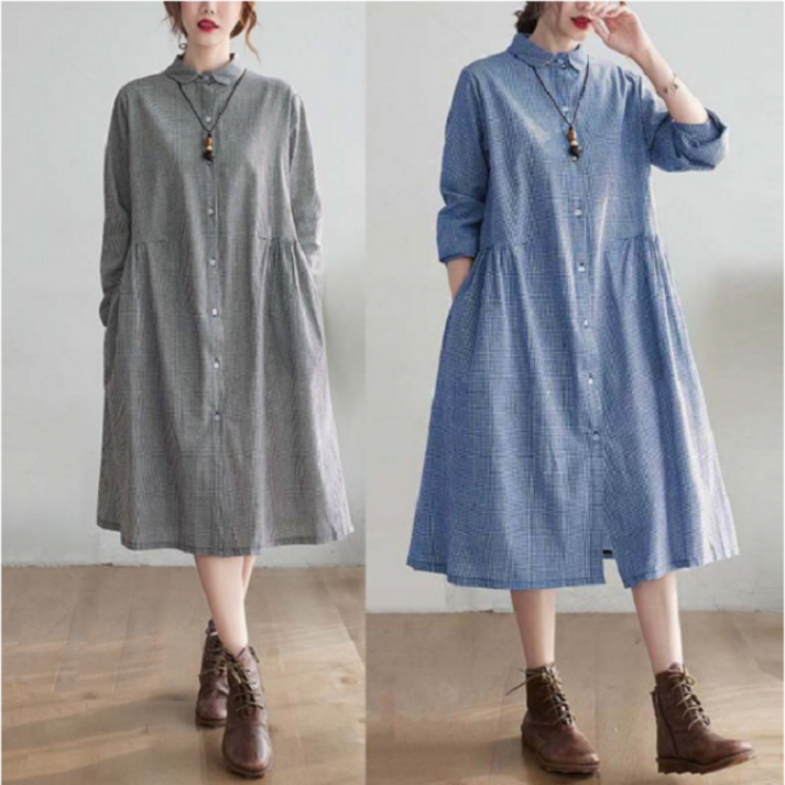 체크무늬 루즈핏 린넨 셔링 긴팔 원피스