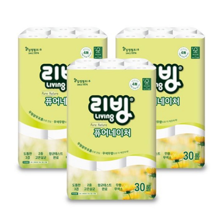 리빙 퓨어 네이처 3겹화장지 30롤 3팩 도톰한엠보싱