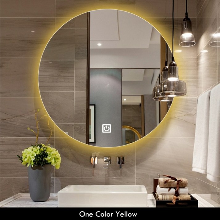 간접 조명 욕실 거울 라운드 스마트 메이크업 led 호텔 침실 장식에 대한 블루투스 스피커와 조절 가능한 백라이트, 노란색 주도