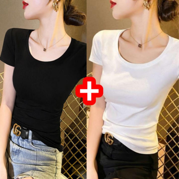 이너반팔 에르모소 1+1 여성 슬림핏 무지 반팔 티셔츠 반팔티 여자 여름 기본 티셔츠 H-C026