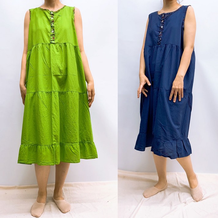 면100 아사 워싱 면 부드러운 나시 순면 배색 롱 데일리 빅사이즈 원피스