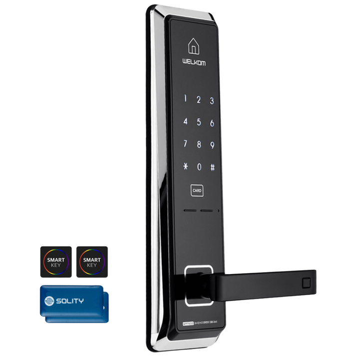 무료설치 솔리티 웰콤 WMT600 카드키4개번호키 0초즉시잠금 허수기능 에티켓기능 음량조절무음가능 내부이중잠금 전기충격무력화강력한내구성 현관문 디지털도어락 도어록, 웰콤 WMT600 카드키4개 포함무료설치B지역