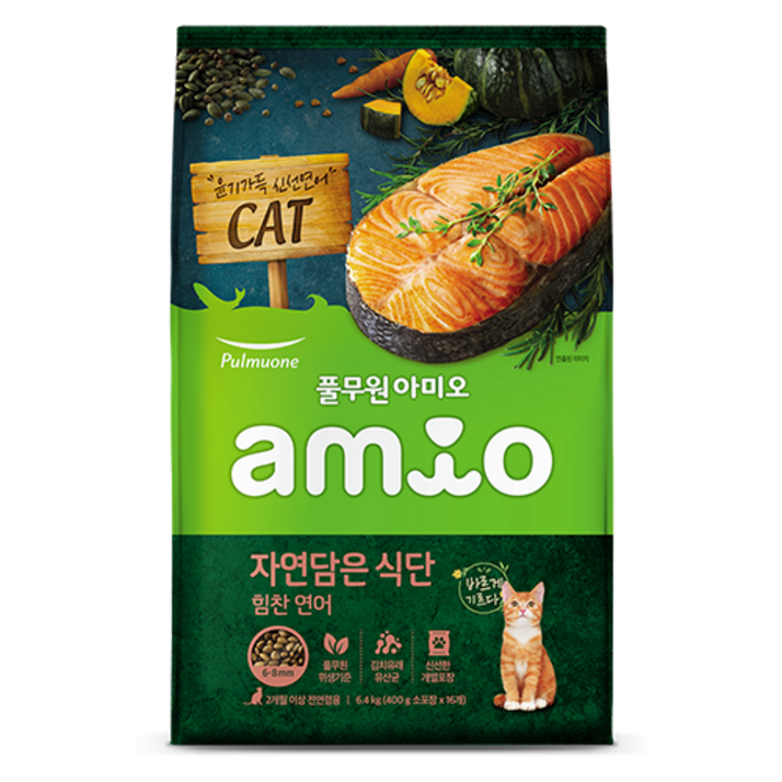 풀무원아미오 2개월 이상 전연령 자연담은 식단 캣 건식사료, 연어, 6.4kg, 1개 풀무원아미오 2개월 이상 전연령 자연담은 식단 캣 건식사료, 연어, 6.4kg, 1개