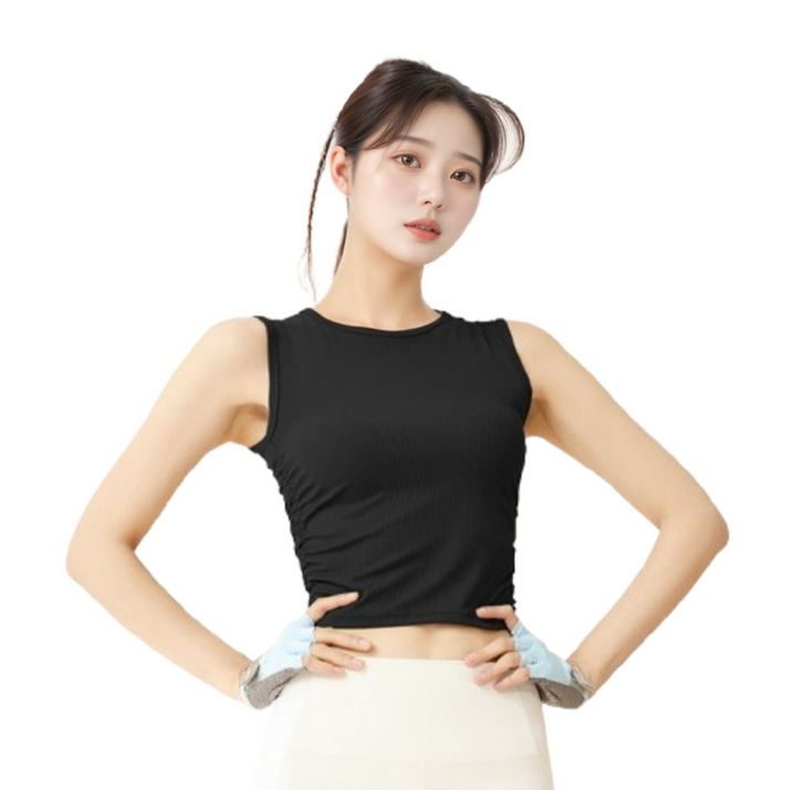 마켓피아 여성용 요가 필라테스 헬스 심플 라운드넥 민소매 크롭 나시