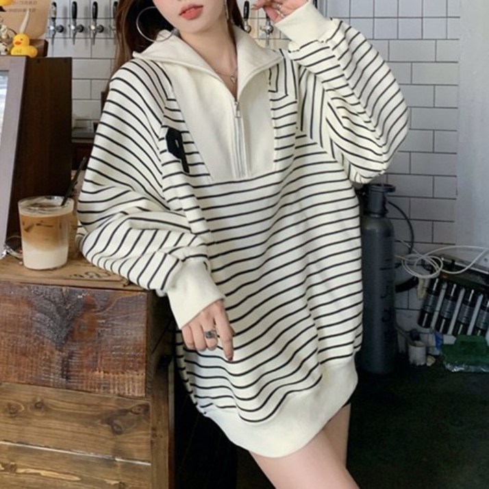 아이엠몽 여성용 트모미 스트라이프 반집업 맨투맨