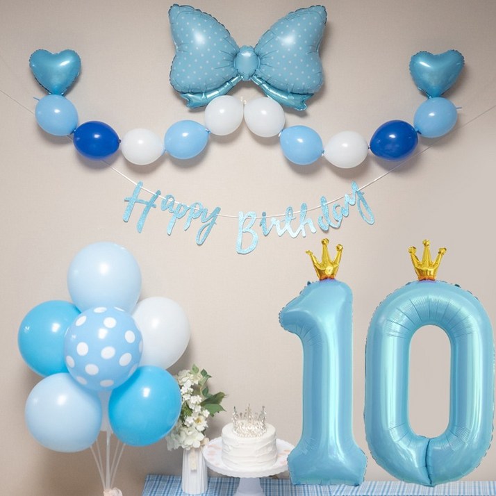 연지마켓 생일풍선 생일파티용품 리본풍선 숫자세트, 블루리본 블루세트 10