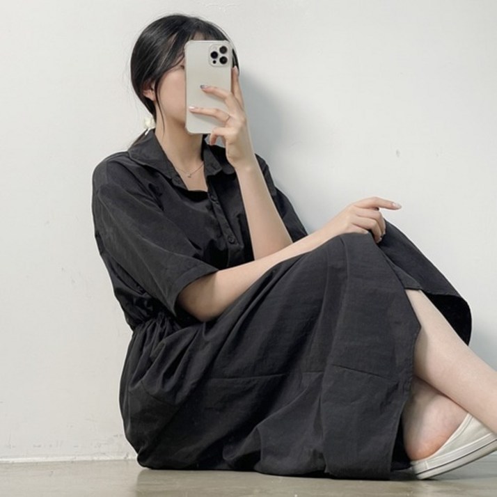 빈츠 나일론 트임 카라 스트링 반팔 롱 원피스 3col