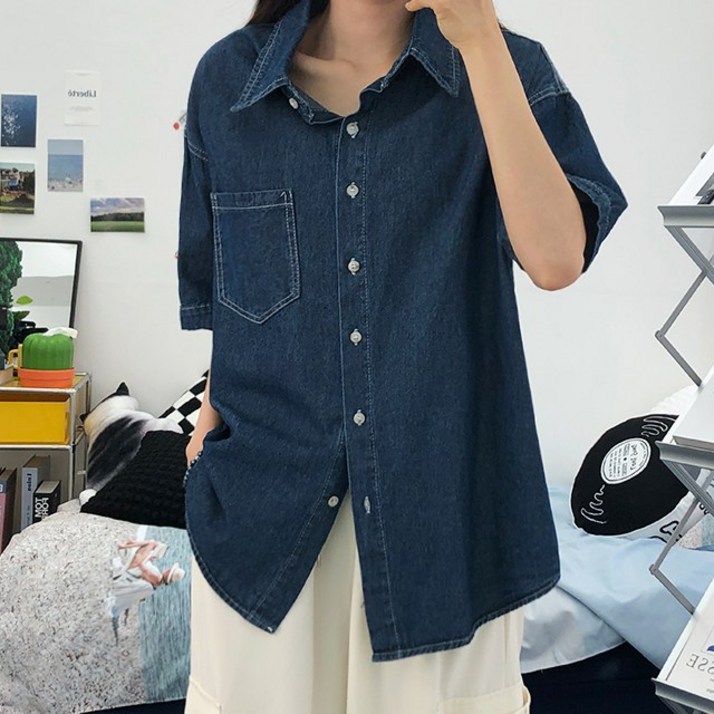 [강추!/최저가/2col] 드로잉 루즈핏 스티치 반팔 데님 셔츠