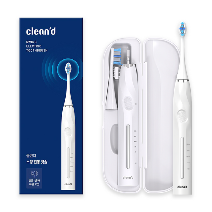 클린디 회전+음파 전동칫솔 스윙45 FDA 인증완료 칫솔모 유럽 ROHS 인증 45도 바스법 플라그 제거 효과 IPX7 방수, 1개, 화이트, CD-100