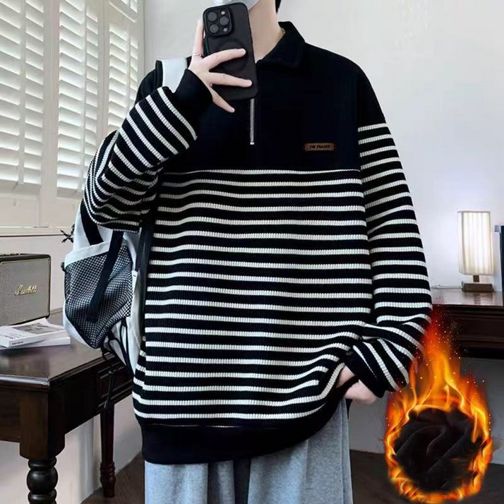 녕동 남성 스트라이프 니트 긴팔 맨투맨 반집업 도툼 스웨터 데일리룩