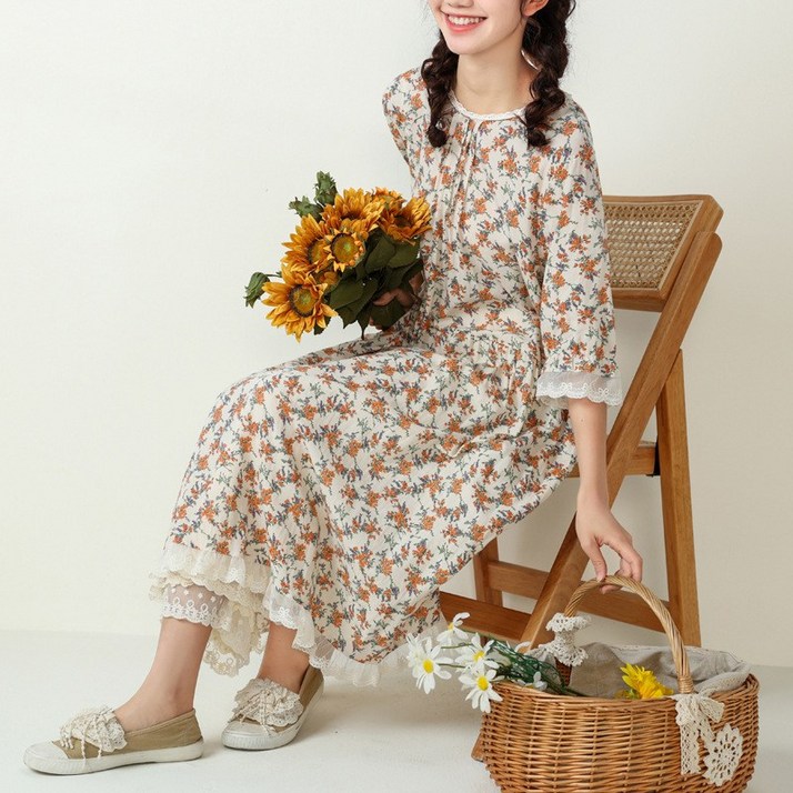 하마마스 플라워 핀턱 레이스 롱원피스