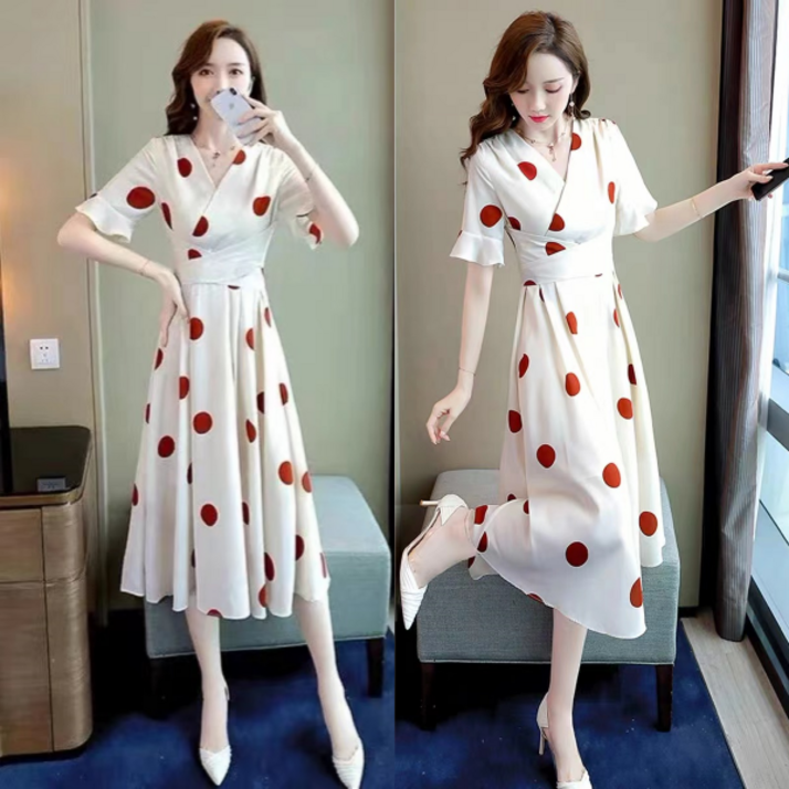 싱싱덴덩 원피스 여자 여름  도트 브이넥 루즈핏 미디원피스