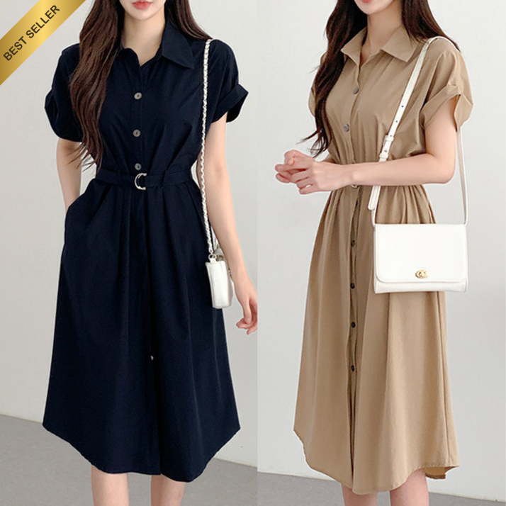 산들라 여름 셔츠 원피스 롱 플레어 반팔 하객룩 D링 벨트 포켓 롤업소매 포함