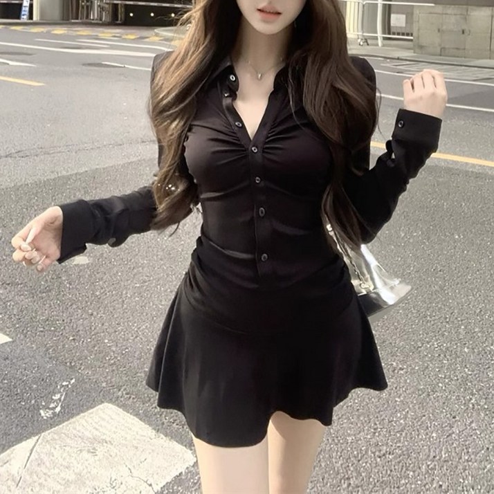 슬림소녀 여성용 여름 슬림 셔링 긴팔 캐주얼 셔츠 미니 원피스