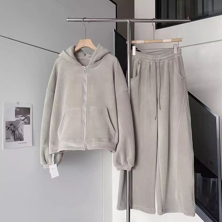 ORZQU 가을겨울 여성 캐주얼 오버사이즈 기모 솔리드 후드 집업 맨투맨 밴딩 긴바지 투피스