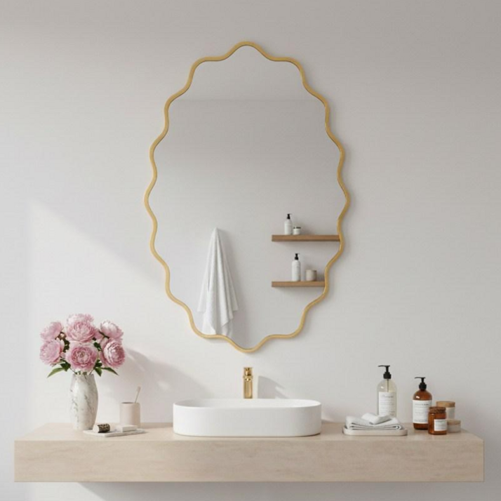 Fahomiss 벽걸이 거울 타원형 인테리어 욕실 반신 유리 거울, 골드