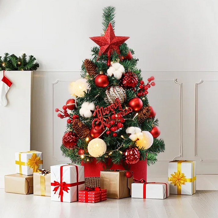 화려하고 풍성한 미니 크리스마스트리, 원터치 조작, 받침대 포함, LED 조명, 다양한 정교한 장식품이 함께 제공되어 거실, 식당, 호텔 등 다양한 장소에 적합합니다,120cm