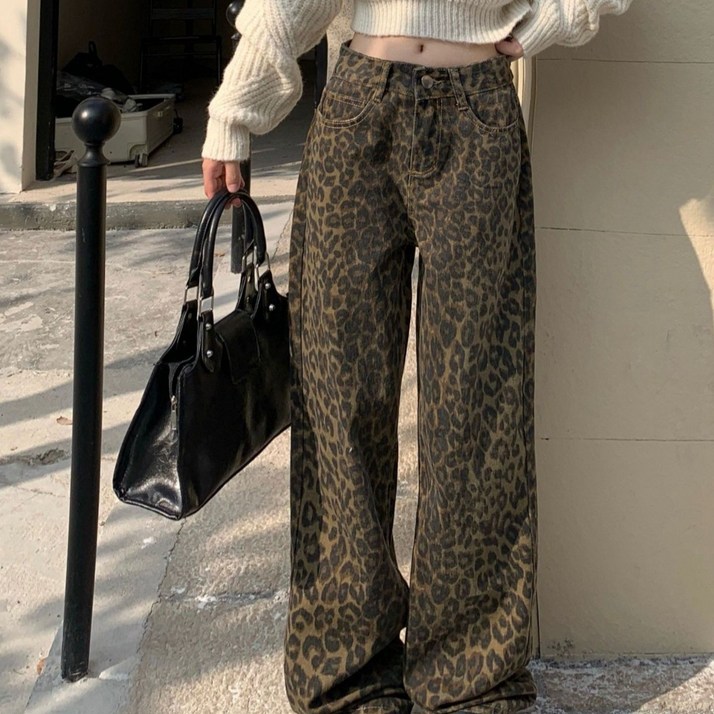 설온 여성 호피 와이드 데님 팬츠